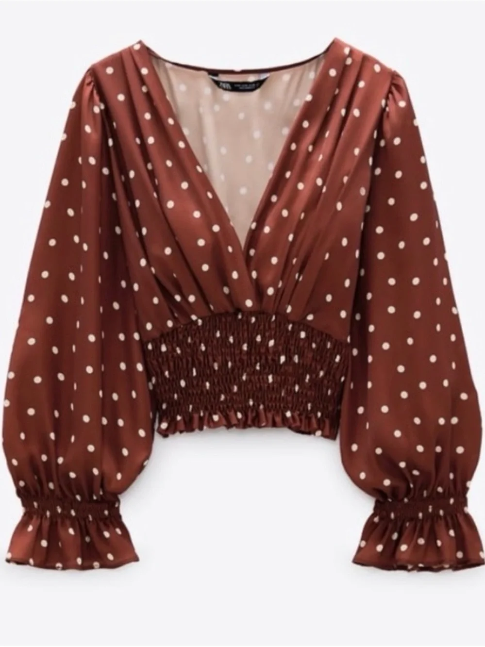 Zara Rust Brown Polka Dot Smocked V-Neck Blouse